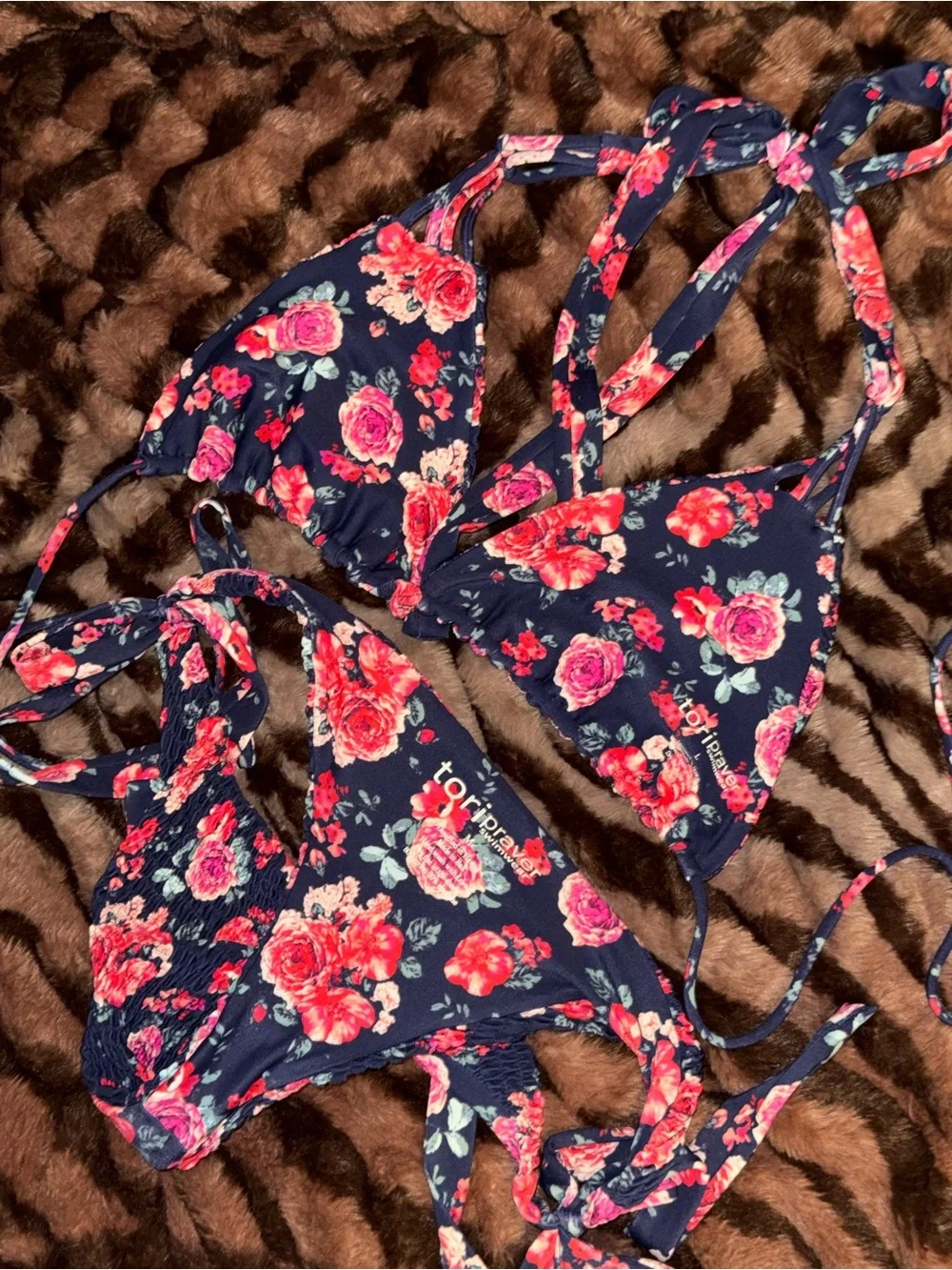 Tori Praver Floral Handmade Bikini Set in Navy & Pink Rose